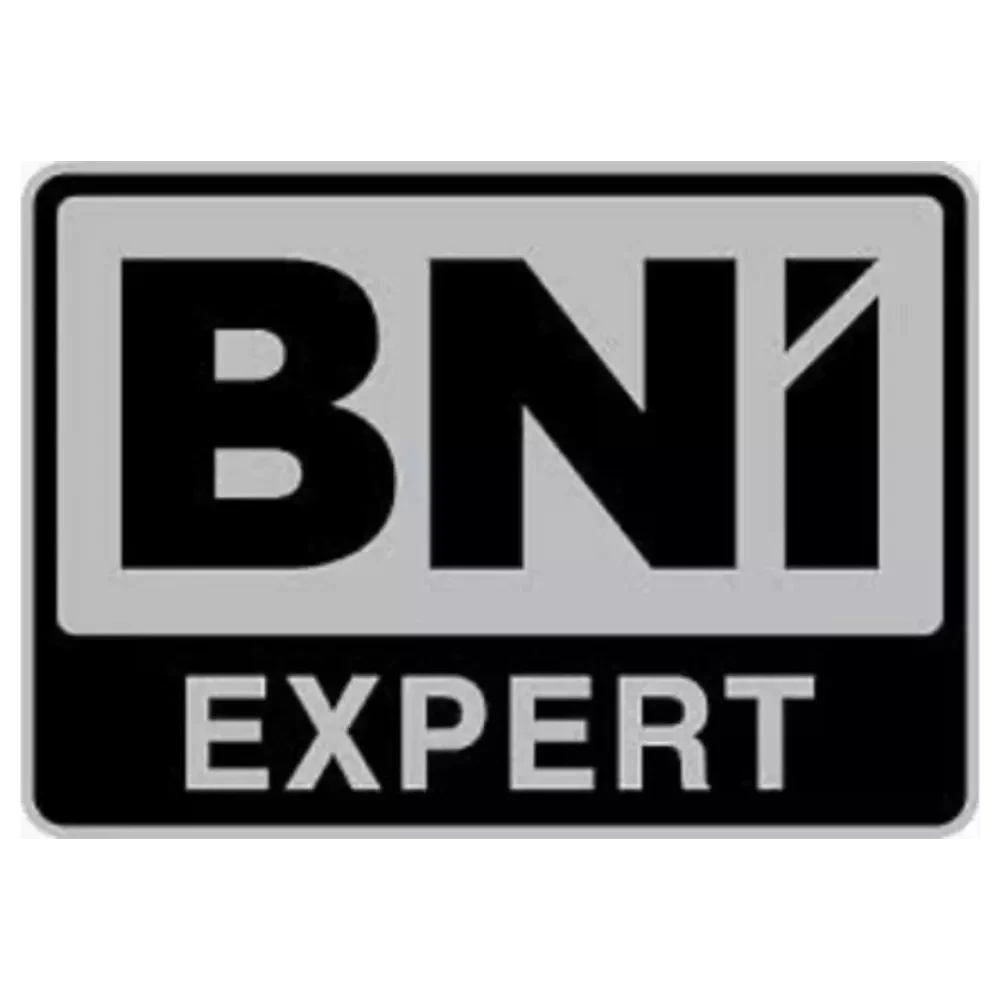 Schwarz-weißes BNI Expert Logo mit Schriftzug „BNI“ und „EXPERT“ in einem rechteckigen Rahmen.