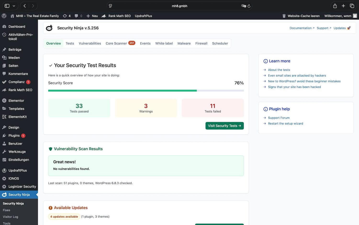 Sicherheits Scan im WordPress Dashboard, Scanverlauf und gefundene Bedrohungen