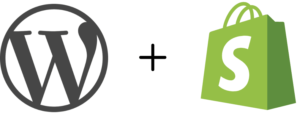 Grafik mit WordPress-Logo links und Shopify-Einkaufstasche rechts auf dunklem Hintergrund.