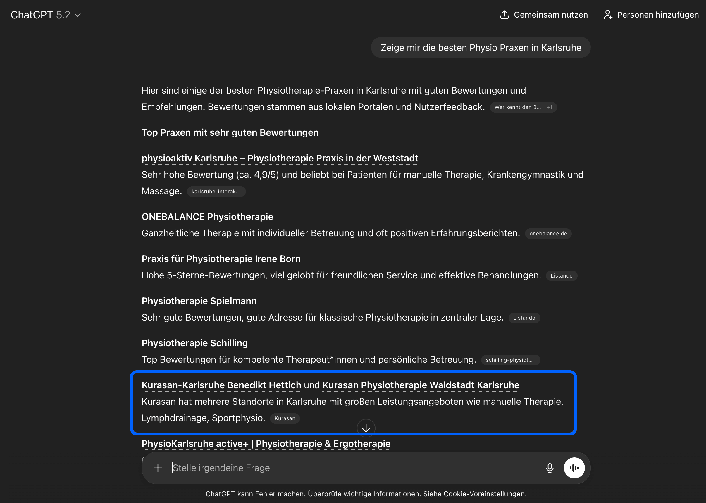 Screenshot der ChatGPT-Antwort mit einer Liste empfohlener Physiotherapie-Praxen in Karlsruhe und Bewertungen.