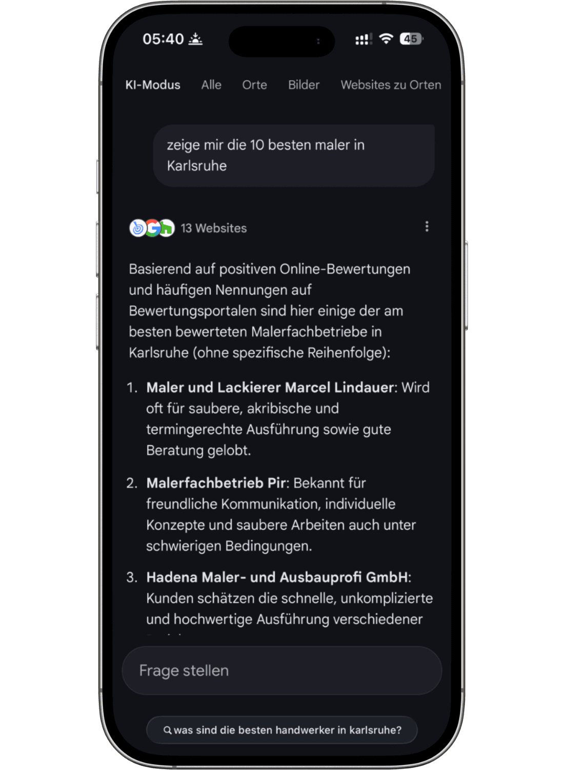 Smartphone-Screenshot einer KI-Suche mit Liste der am besten bewerteten Malerbetriebe in Karlsruhe.