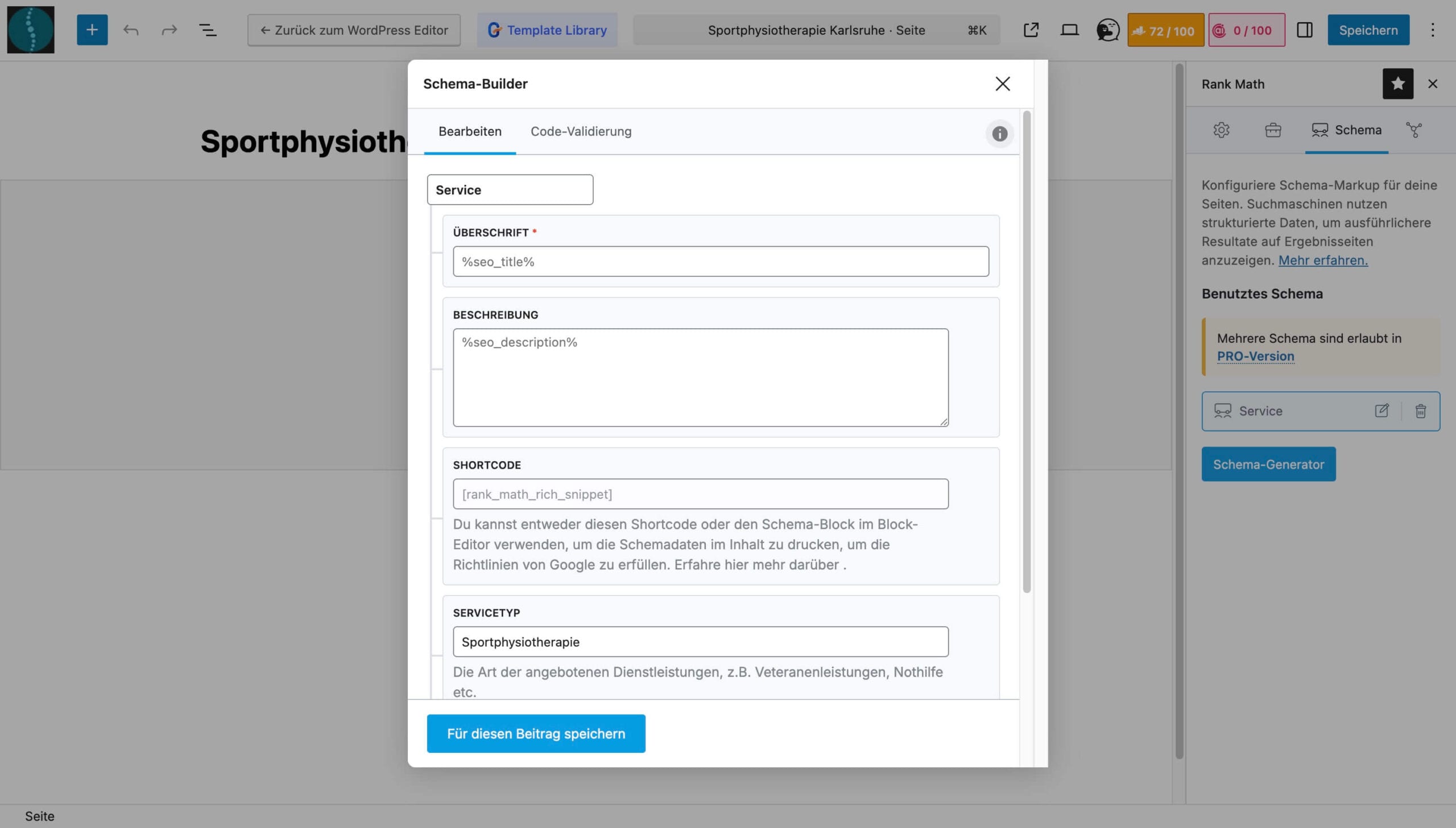 Screenshot des Rank-Math Schema-Builders in WordPress zur Konfiguration eines Service-Schemas für Sportphysiotherapie.