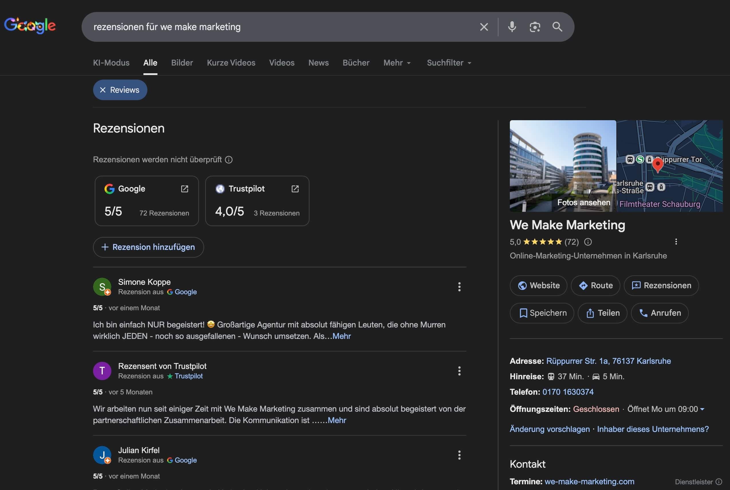 Screenshot der Google-Suche mit Bewertungen für We Make Marketing: 5/5 bei Google und 4,0/5 bei Trustpilot.