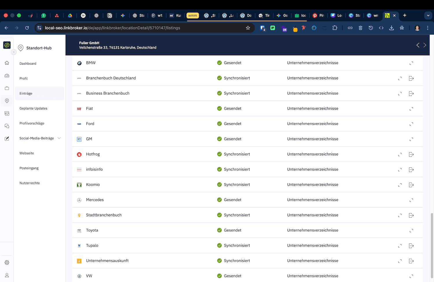 Screenshot des Standort-Hub mit synchronisierten und gesendeten Einträgen in Unternehmensverzeichnissen.