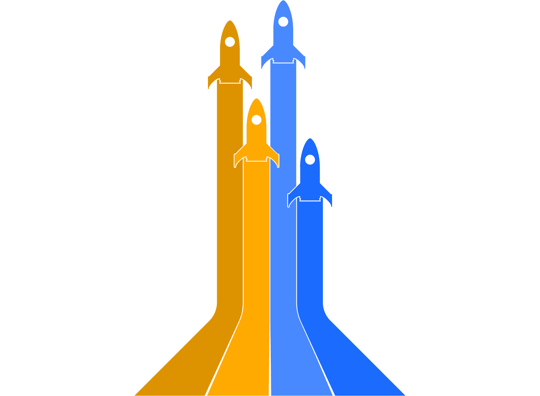 Vektorillustration mit vier stilisierten Raketen in Gelb und Blau, die nach oben starten, auf schwarzem Hintergrund.