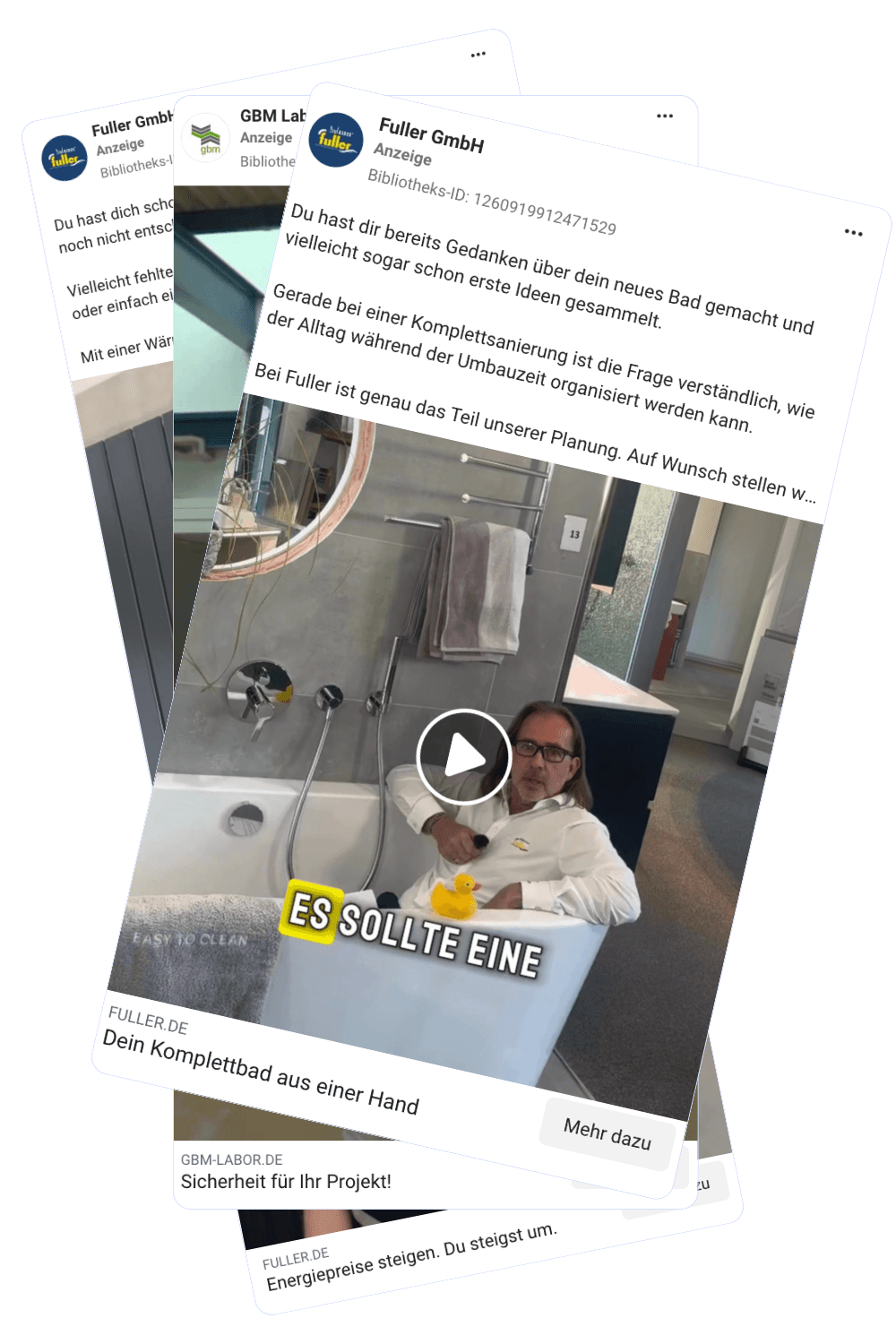Screenshot einer Social-Media-Werbeanzeige: Mann sitzt in einer Badewanne in einem Badausstellungsraum, Play-Button im Bild.