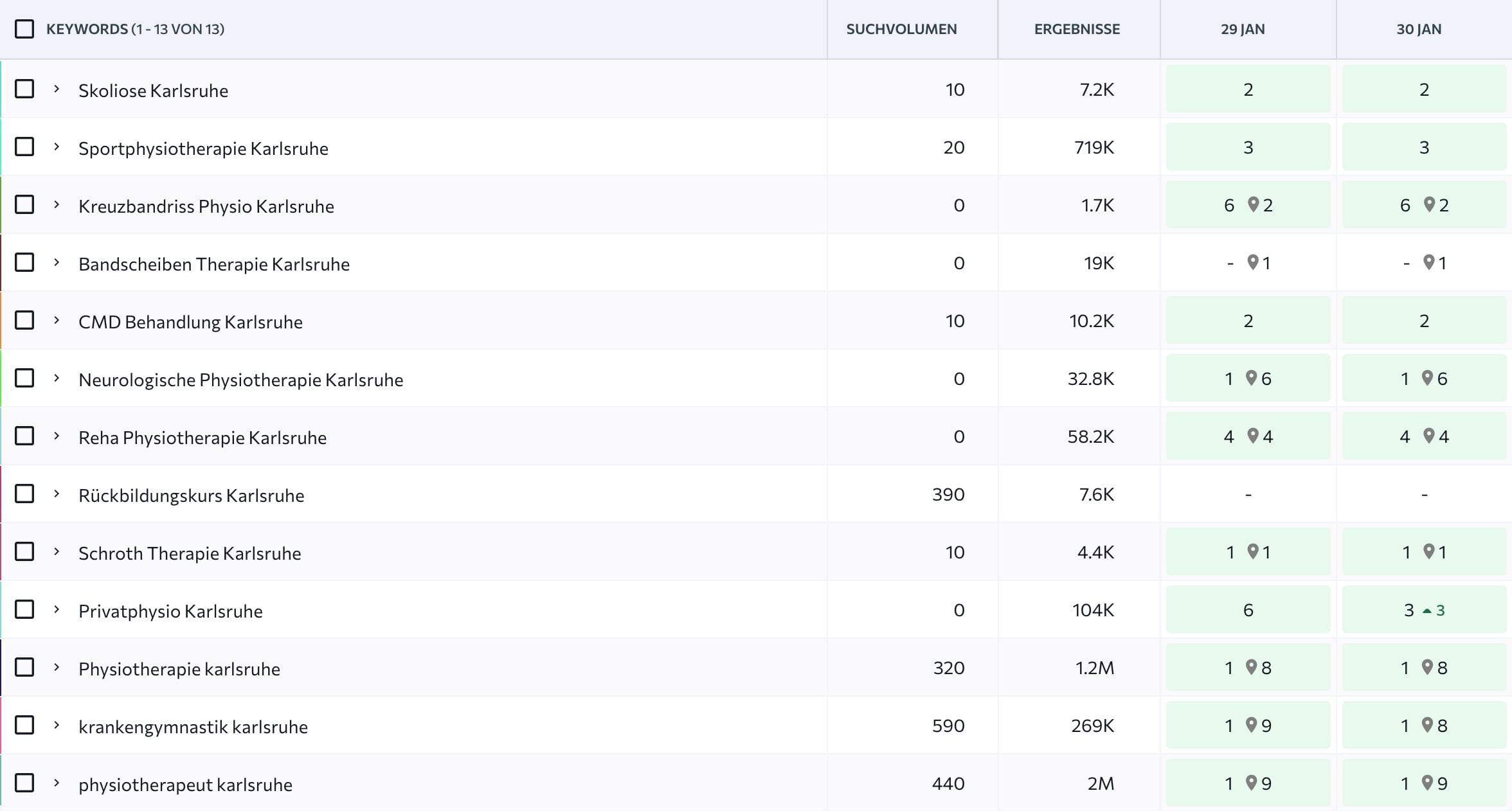 Dashboard mit Keyword-Positionen, Suchvolumen und Ergebnisse für lokale Suchbegriffe in Karlsruhe (29–30 Jan).
