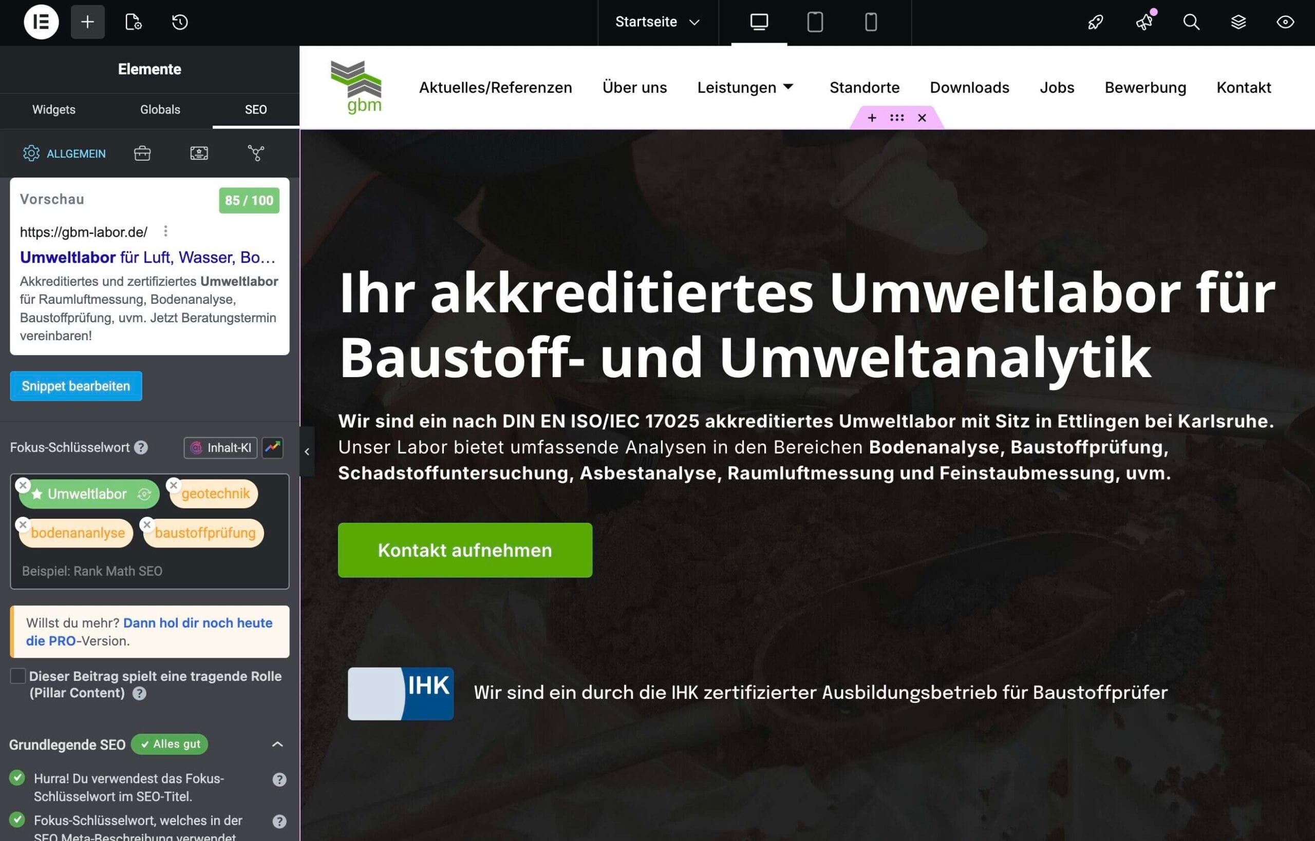 Screenshot von Elementor mit SEO-Panel, Snippet-Vorschau und Fokus-Keyword für eine Umweltlabor-Website.