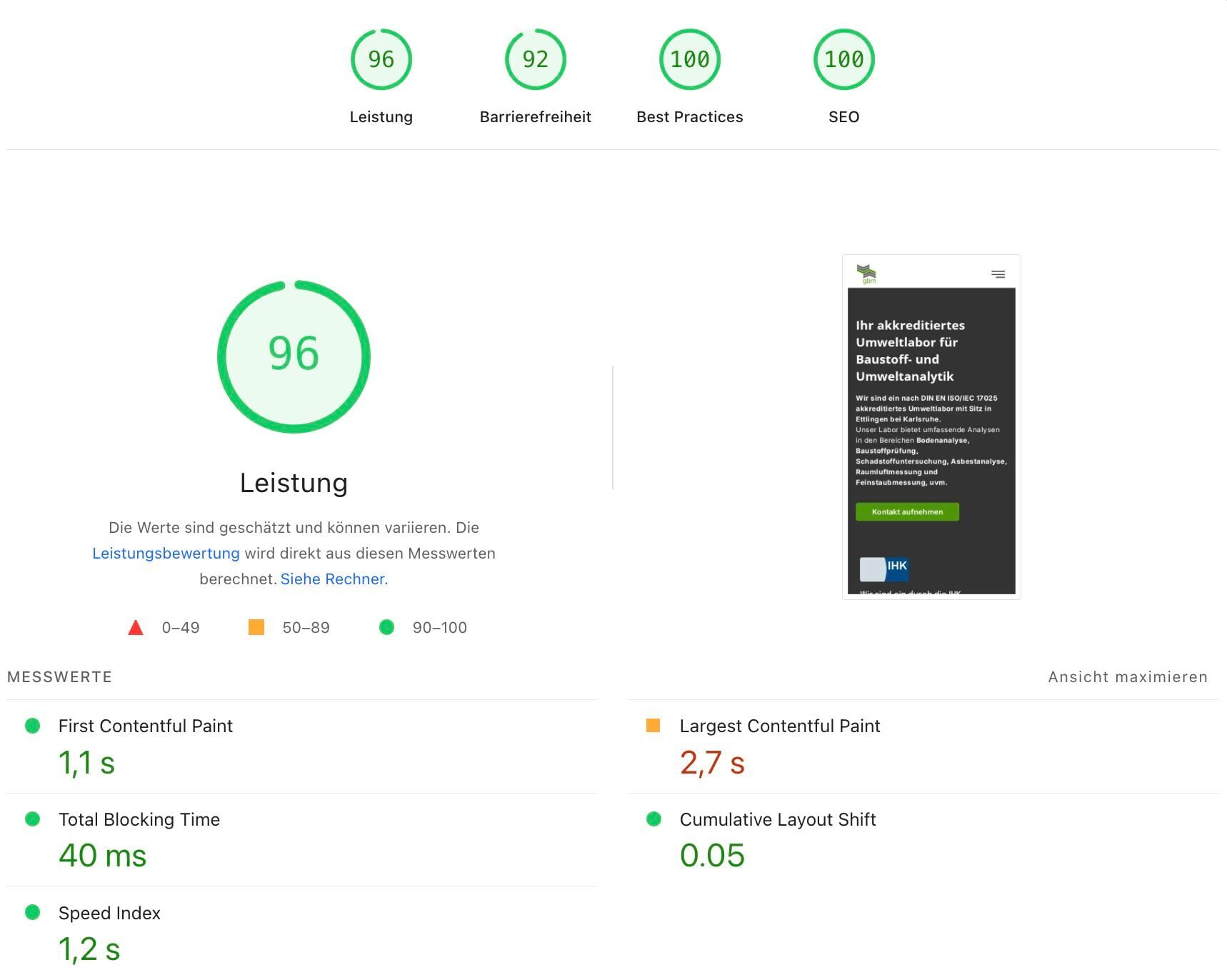 Screenshot der Pagespeed Insights Ergebnisse: Leistung 96, Barrierefreiheit 92, Best Practices 100, SEO 100.