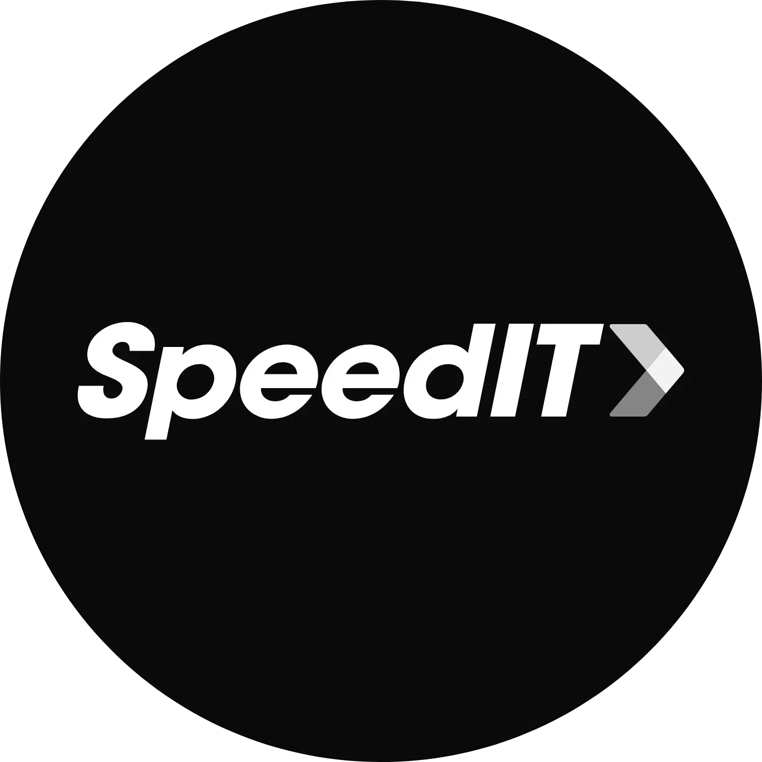 Weißes SpeedIT-Logo mit Pfeilsymbol auf schwarzem, runden Hintergrund.