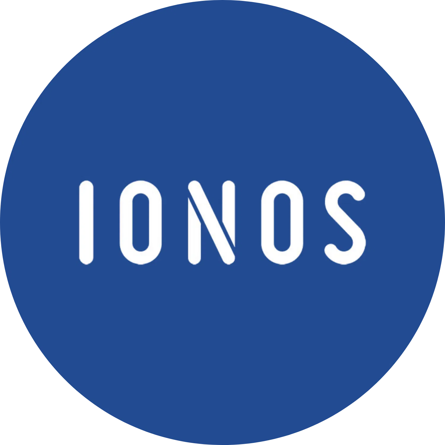 Weißes IONOS Logo in einem blauen Kreis auf einfarbigem Hintergrund.