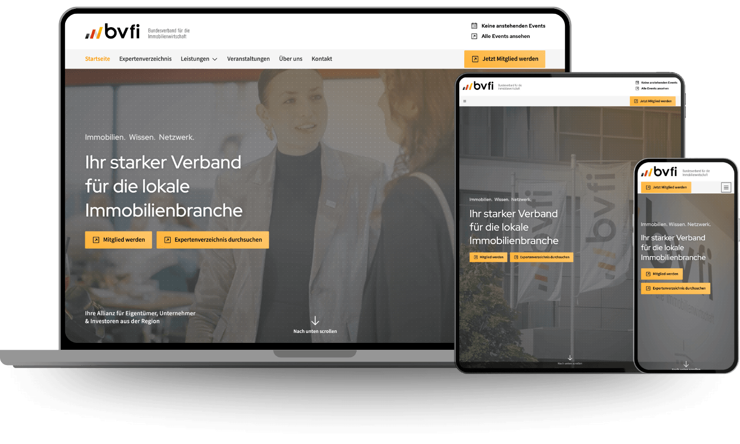Responsive Darstellung der bvfi-Startseite auf Laptop, Tablet und Smartphone mit Navigation und Call-to-Action. - bvfi website mockup
