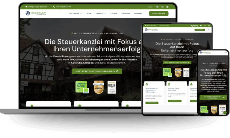 Responsive Website-Ansicht der Steuerkanzlei Buser auf Desktop, Tablet und Smartphone, erstellt von unserer Online Marketing Agentur