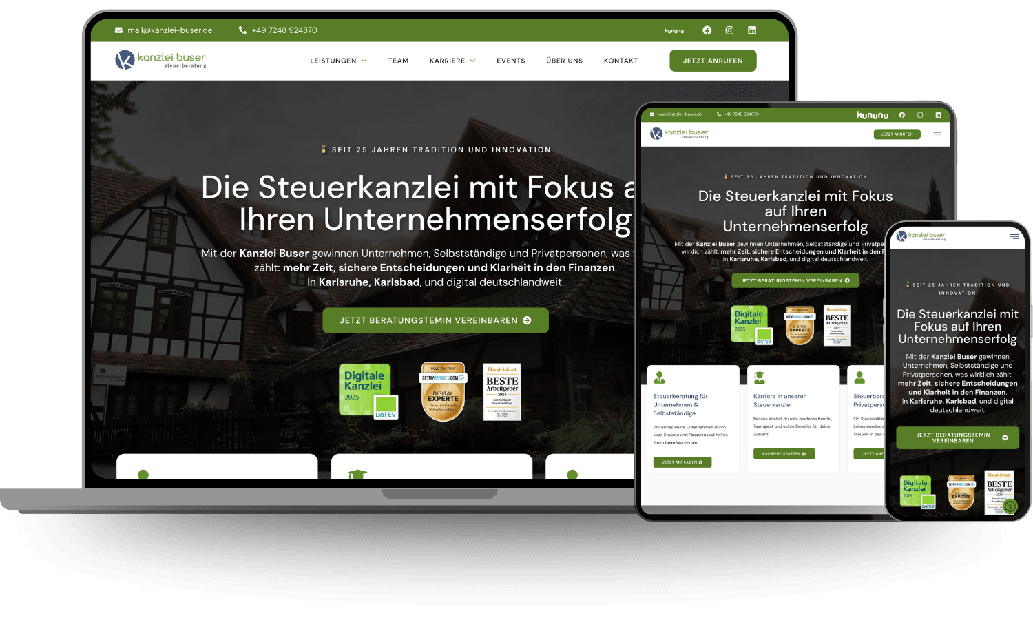 Responsive Website-Ansicht der Steuerkanzlei Buser auf Desktop, Tablet und Smartphone, erstellt von unserer Online Marketing Agentur