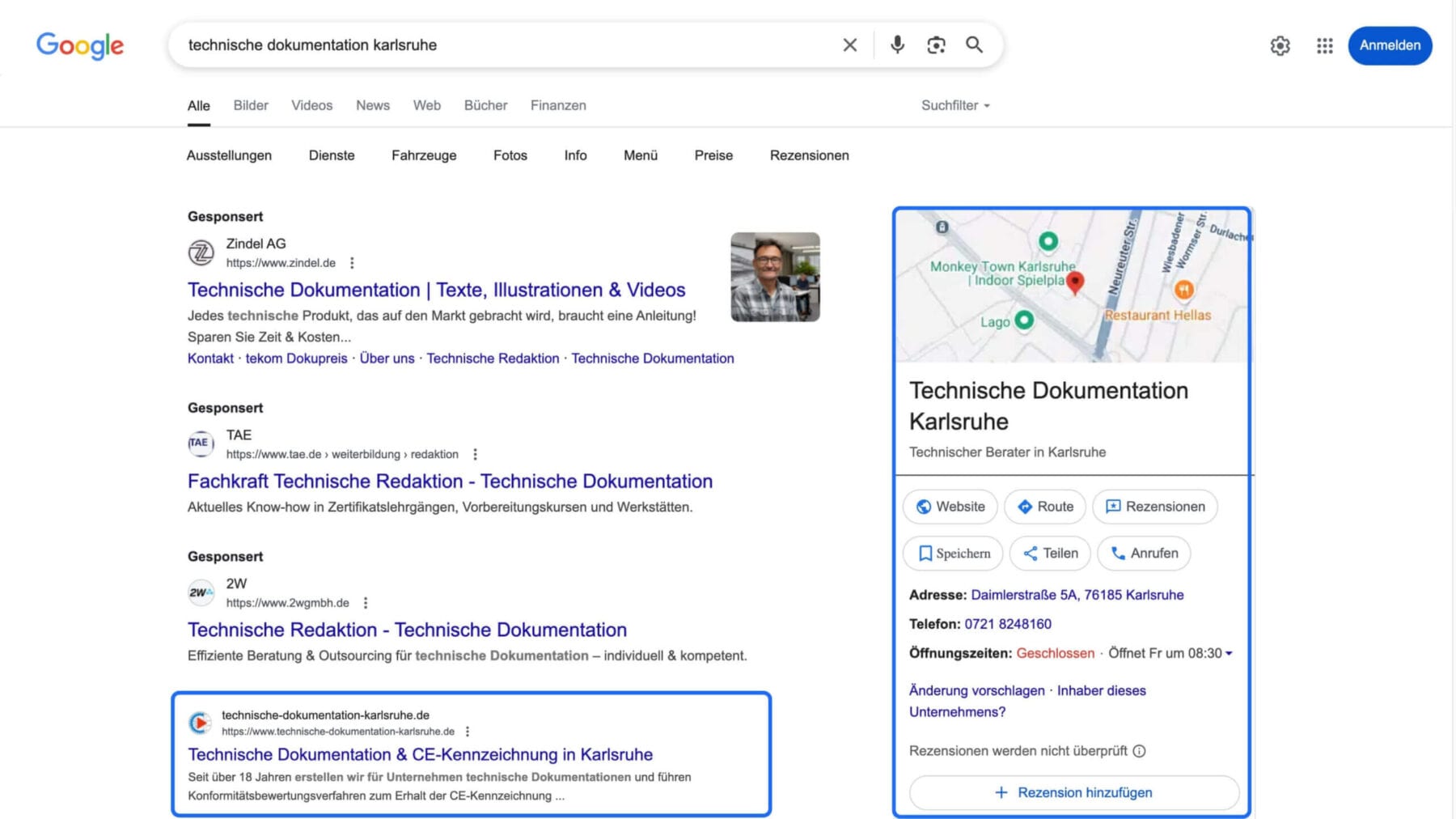 Screenshot der Google-Suchergebnisse zu „technische dokumentation karlsruhe“ mit Anzeigen und Unternehmensprofil rechts.