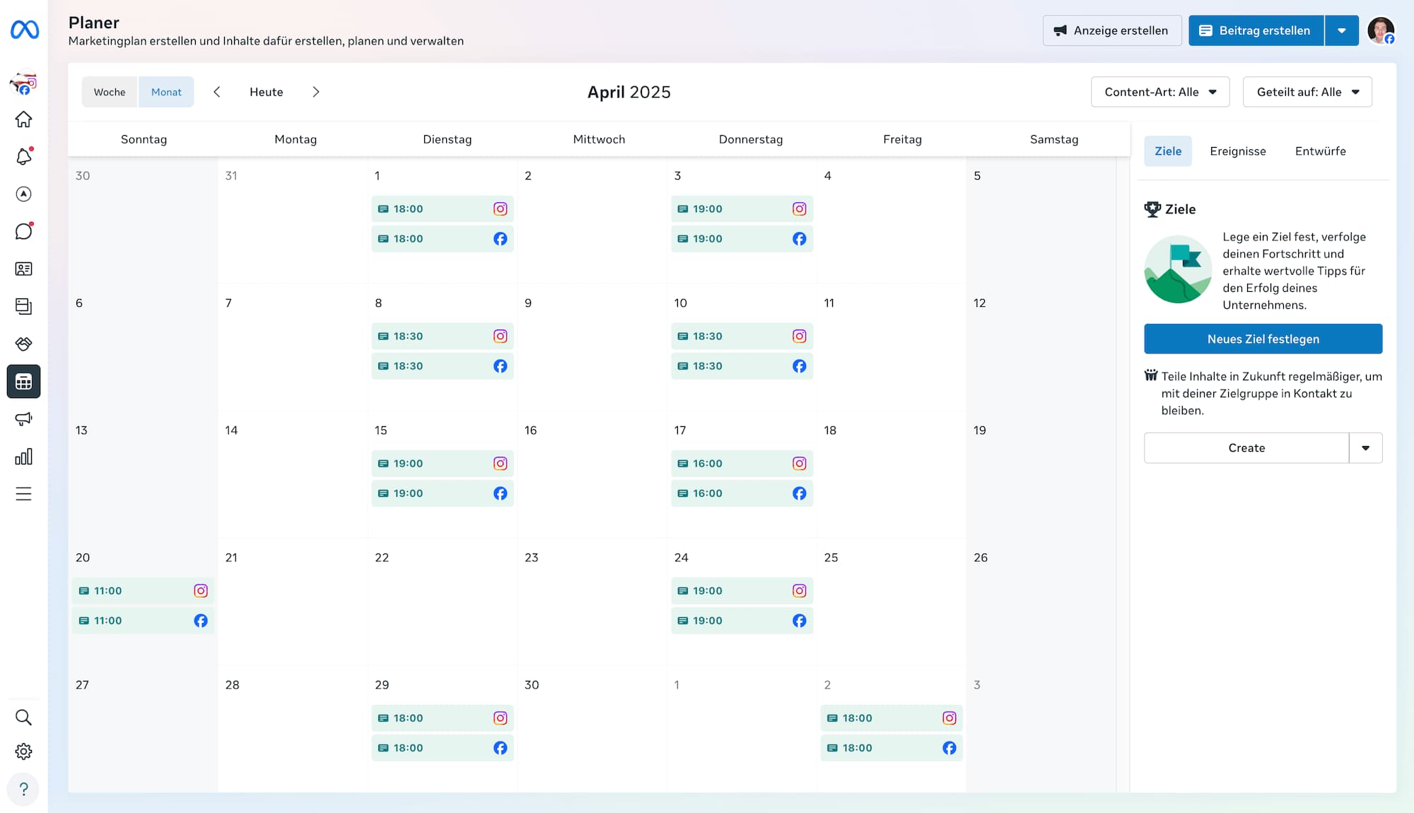 Screenshot der Meta Business Suite im Monatsplaner April 2025 mit geplanten Beiträgen für Instagram und Facebook.