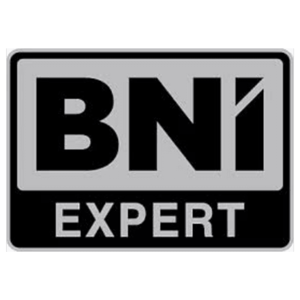 Schwarz-weißes BNI Expert Logo mit Schriftzug „BNI“ und „EXPERT“ in einem rechteckigen Rahmen.